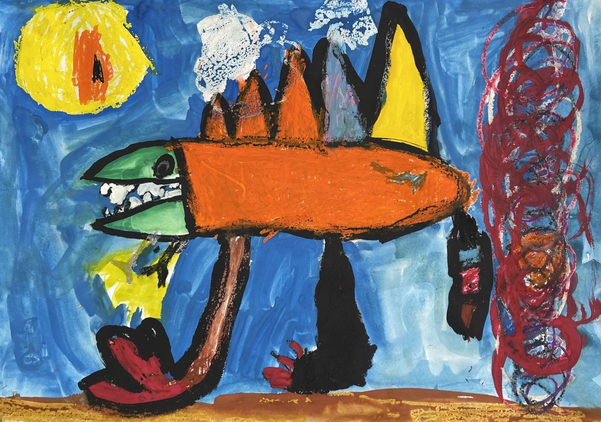 (建学記念絵画)たつまきにまけずにしゅっぱつだ!(怪獣のバラード)